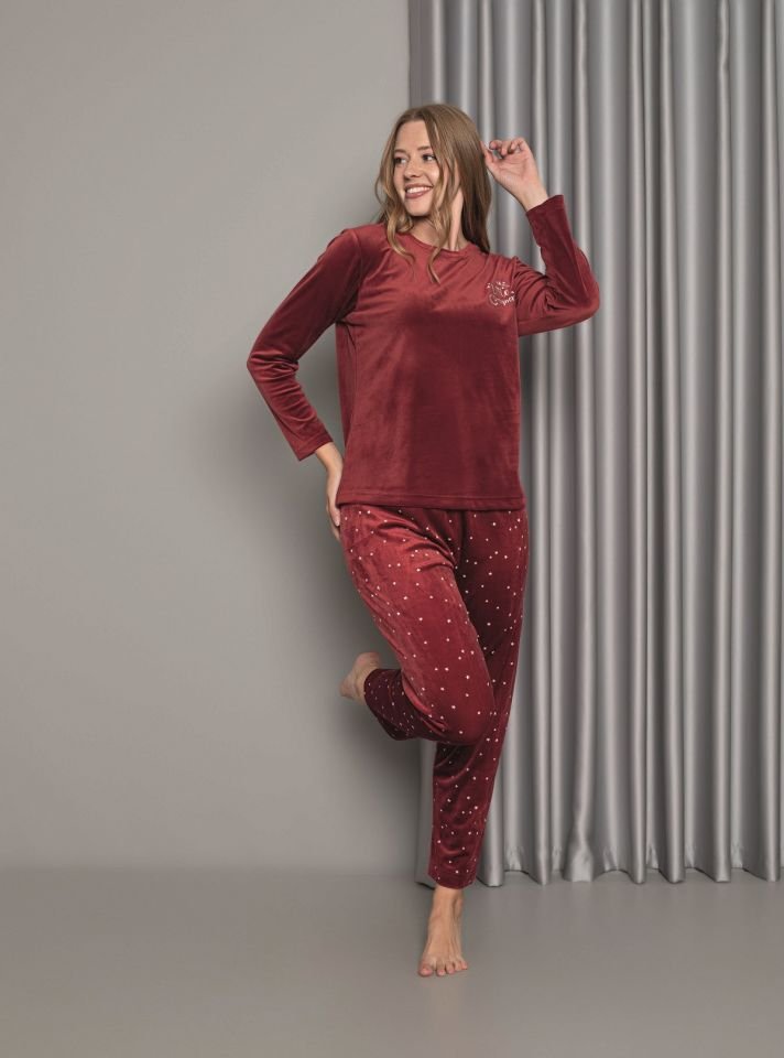 Senfoni Kadın Sıfır Yaka Bordo Altı Yıldızlı Kadife Pijama Takım