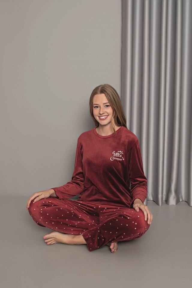 Senfoni Kadın Sıfır Yaka Bordo Altı Yıldızlı Kadife Pijama Takım
