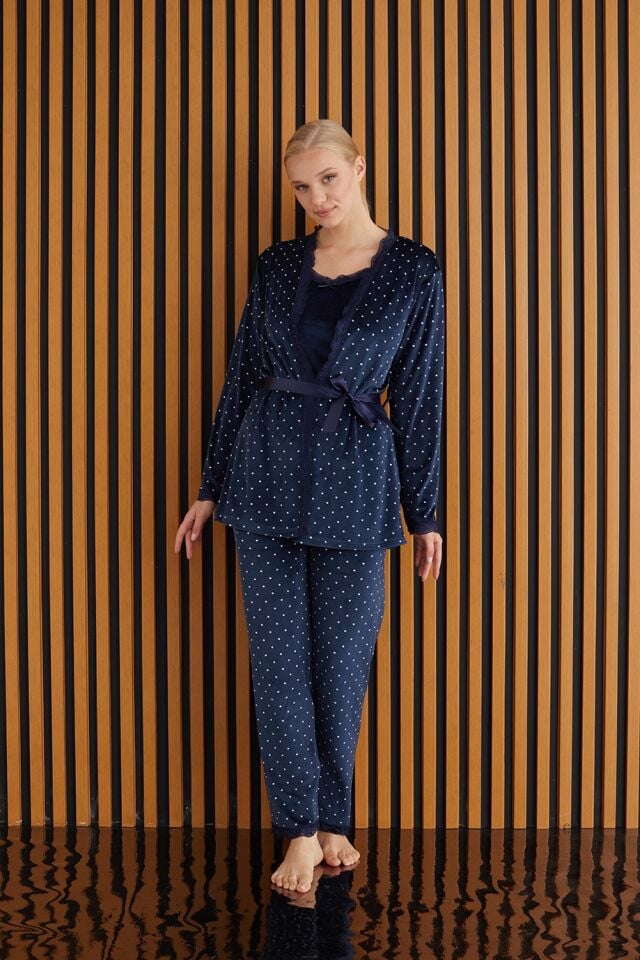 Pijamoni Kadın Kadife Lacivert Üçlü Pijama Takım