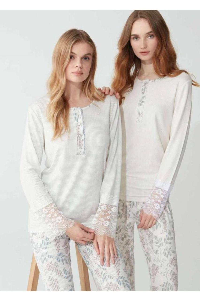 Feyza Yazlık Uzun Kol Bej Kadın Pijama Takım