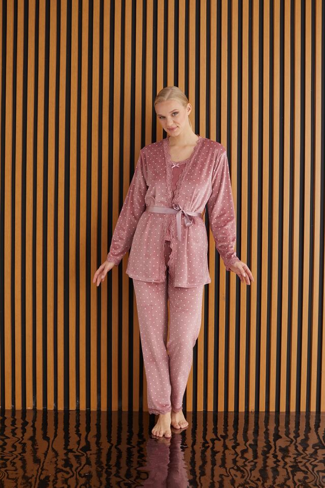 Pijamoni Kadın Kadife Pudra Üçlü Pijama Takım