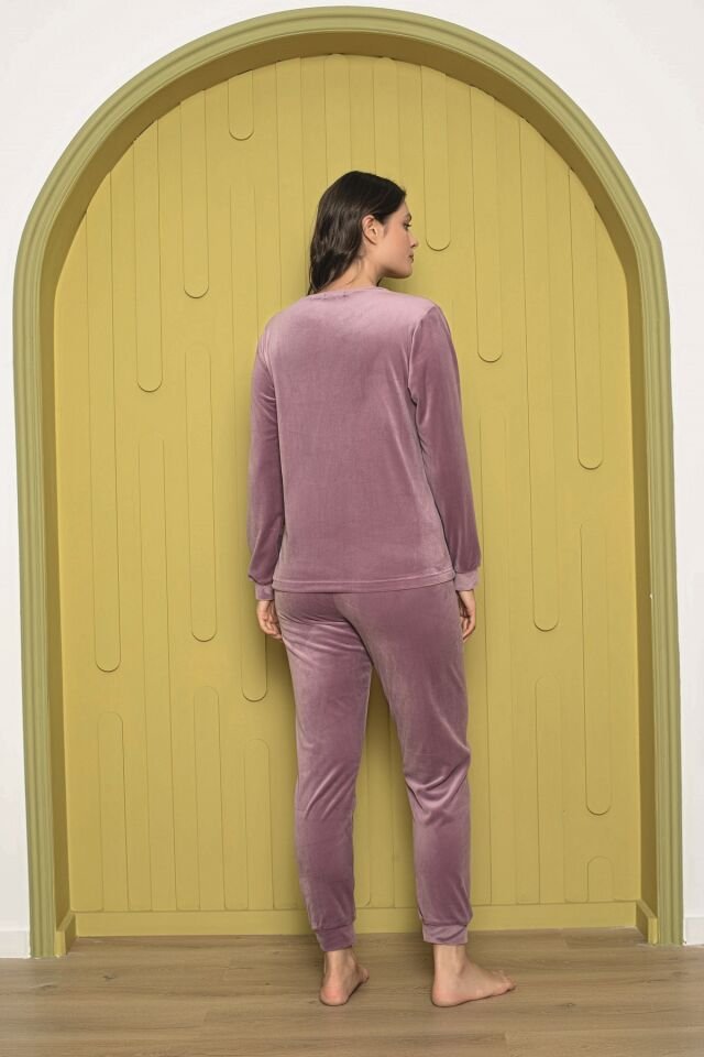 Senfoni Kadın Sıfır Yaka Lila Manşetli Kadife Pijama Takım