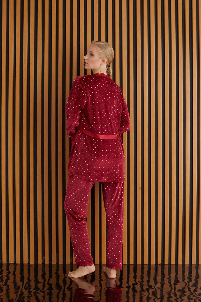 Pijamoni Kadın Kadife Bordo Üçlü Pijama Takım