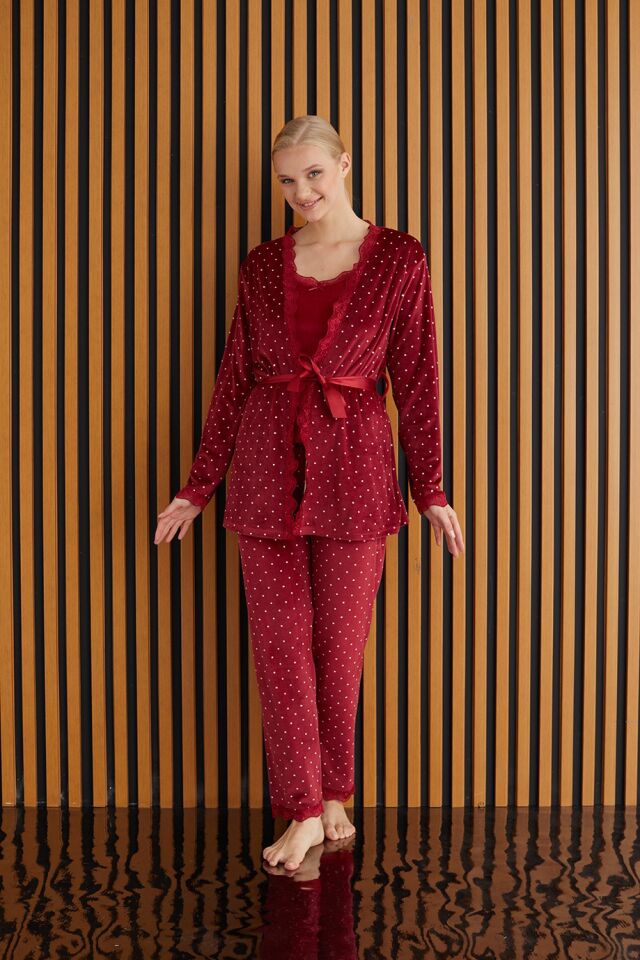 Pijamoni Kadın Kadife Bordo Üçlü Pijama Takım