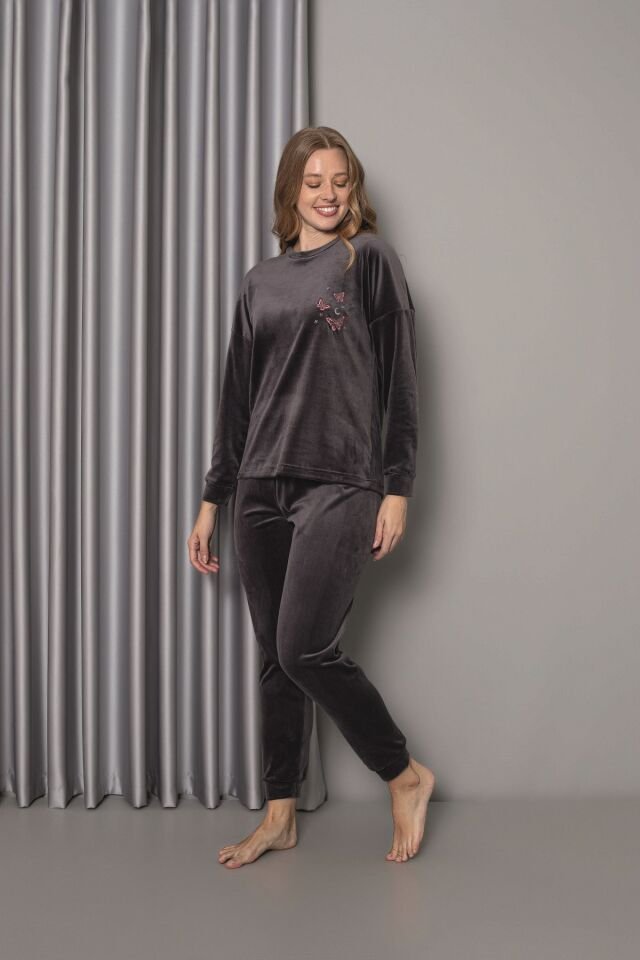 Senfoni Kadın Sıfır Yaka Füme Manşetli Kadife Pijama Takım