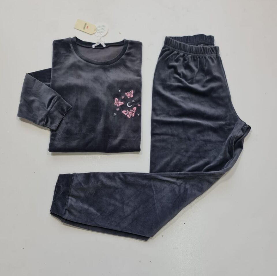 Senfoni Kadın Sıfır Yaka Füme Manşetli Kadife Pijama Takım