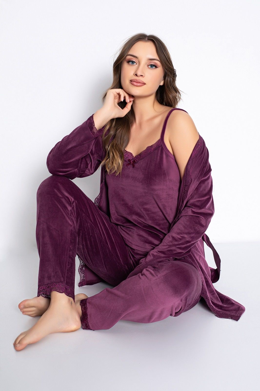 Pijamoni Kadın Kadife Üçlü Pijama Takım
