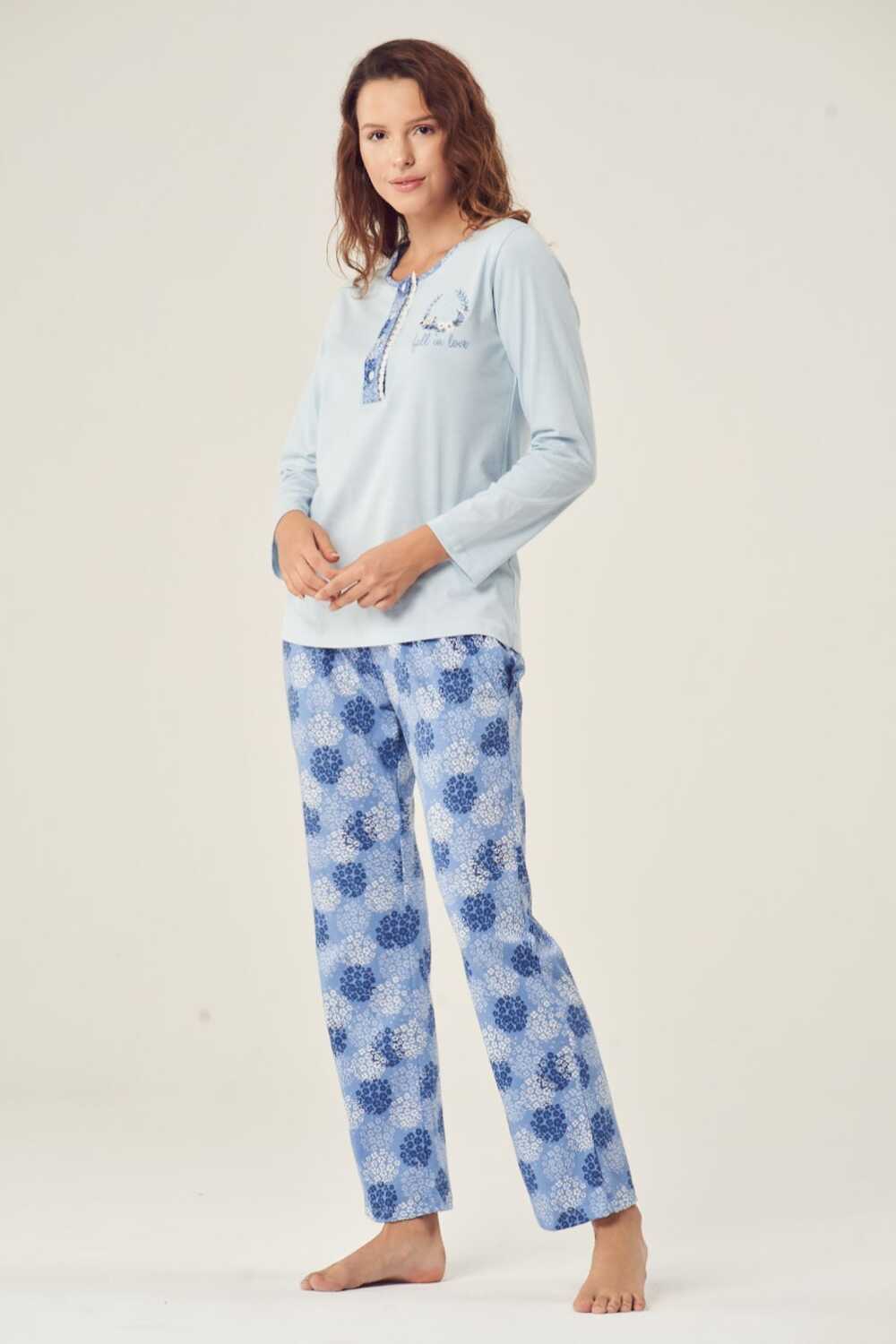 Pijadore Mavi Uzun Kol Yazlık Kadın Pijama Takım
