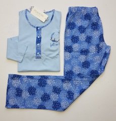 Pijadore Mavi Uzun Kol Yazlık Kadın Pijama Takım