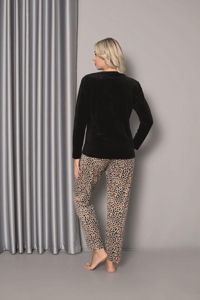 Senfoni Kadın Sıfır Yaka Leopar Kadife Pijama Takım