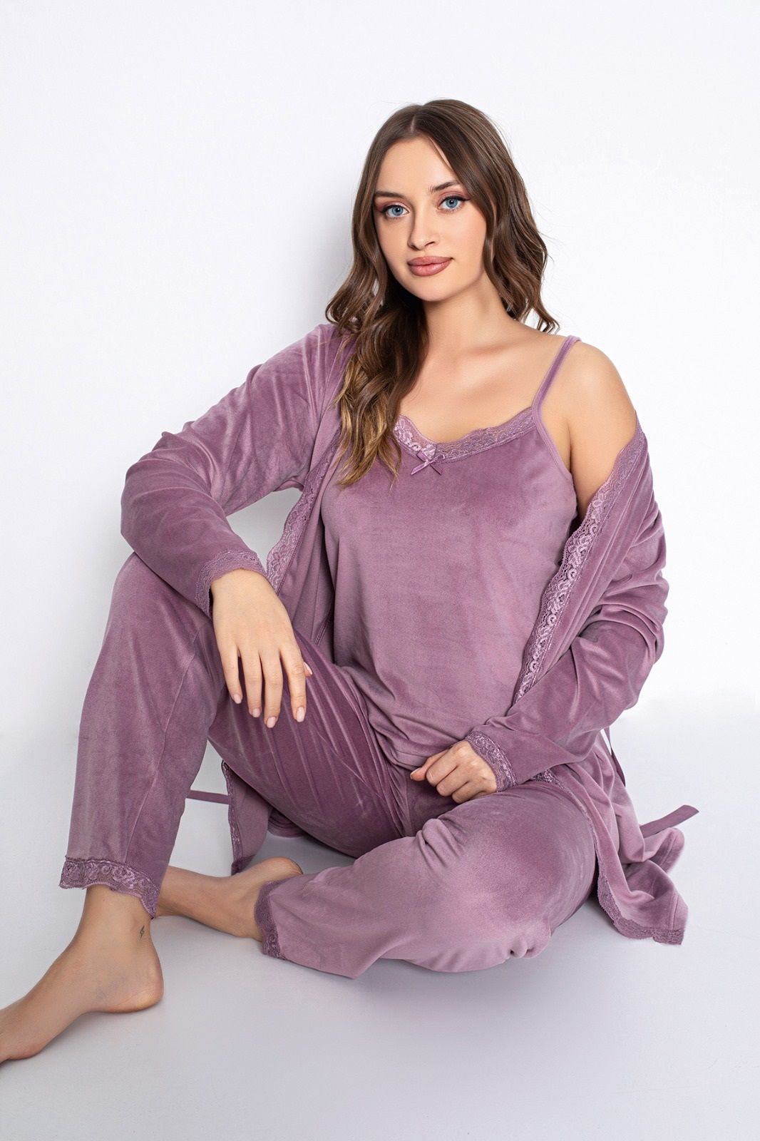 Pijamoni Kadın Kadife Üçlü Pijama Takım