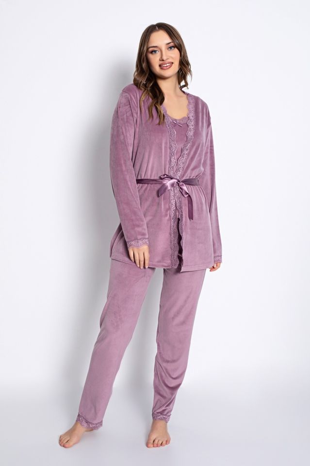 Pijamoni Kadın Kadife Üçlü Pijama Takım