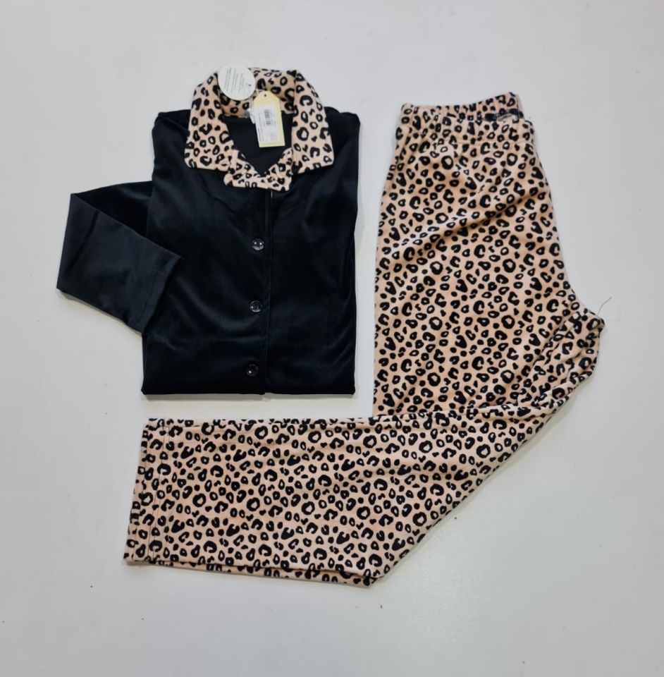 Senfoni Kadın Önü Düğmeli Leopar Kadife Pijama Takım