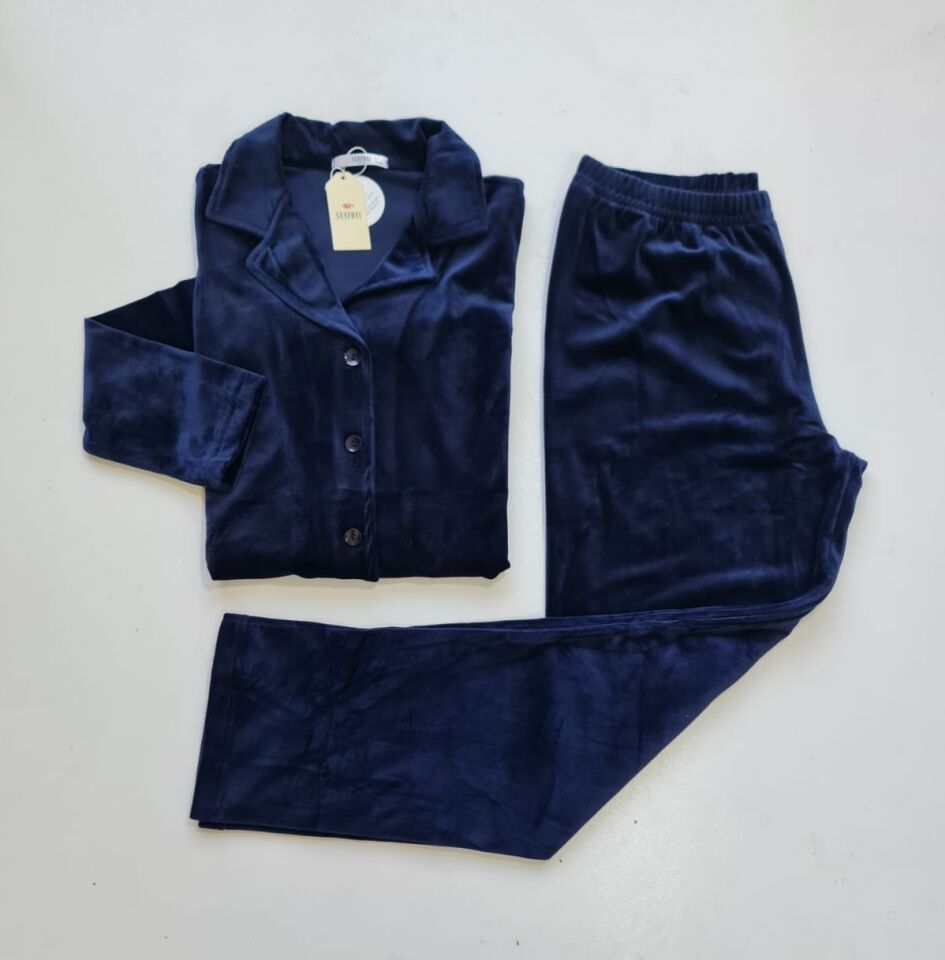 Senfoni Kadın Önü Düğmeli Lacivert Kadife Pijama Takım