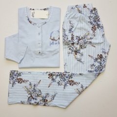 Pijadore Mavi Uzun Kol Yazlık Kadın Pijama Takım