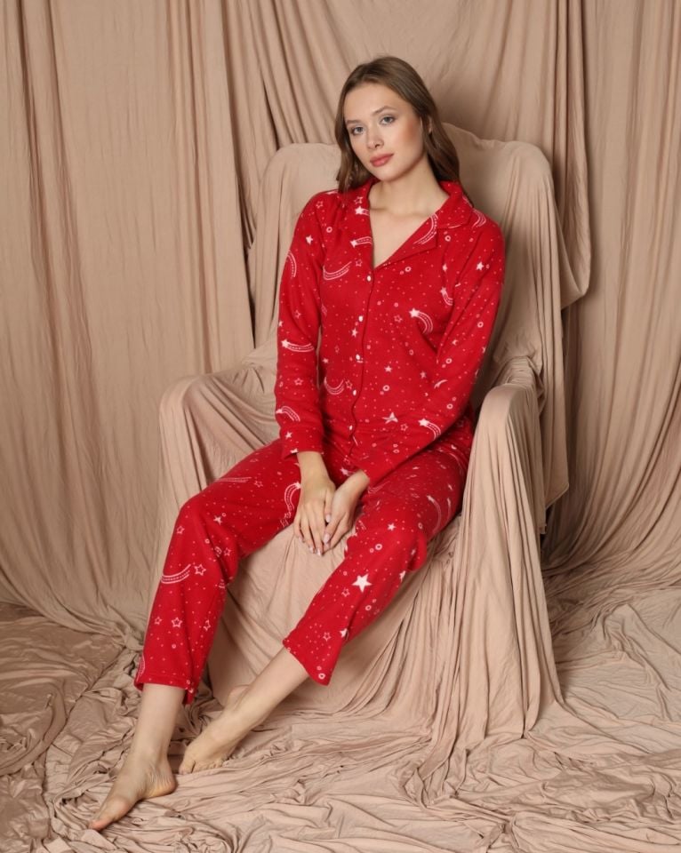 Pijamoni Kadın Önü Komple Düğmeli İnci Welsoft Pijama Takım