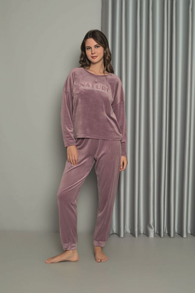 Senfoni Kadın Sıfır Yaka Lila Manşetli Kadife Pijama Takım