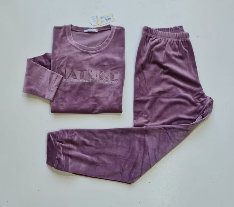Senfoni Kadın Sıfır Yaka Lila Manşetli Kadife Pijama Takım