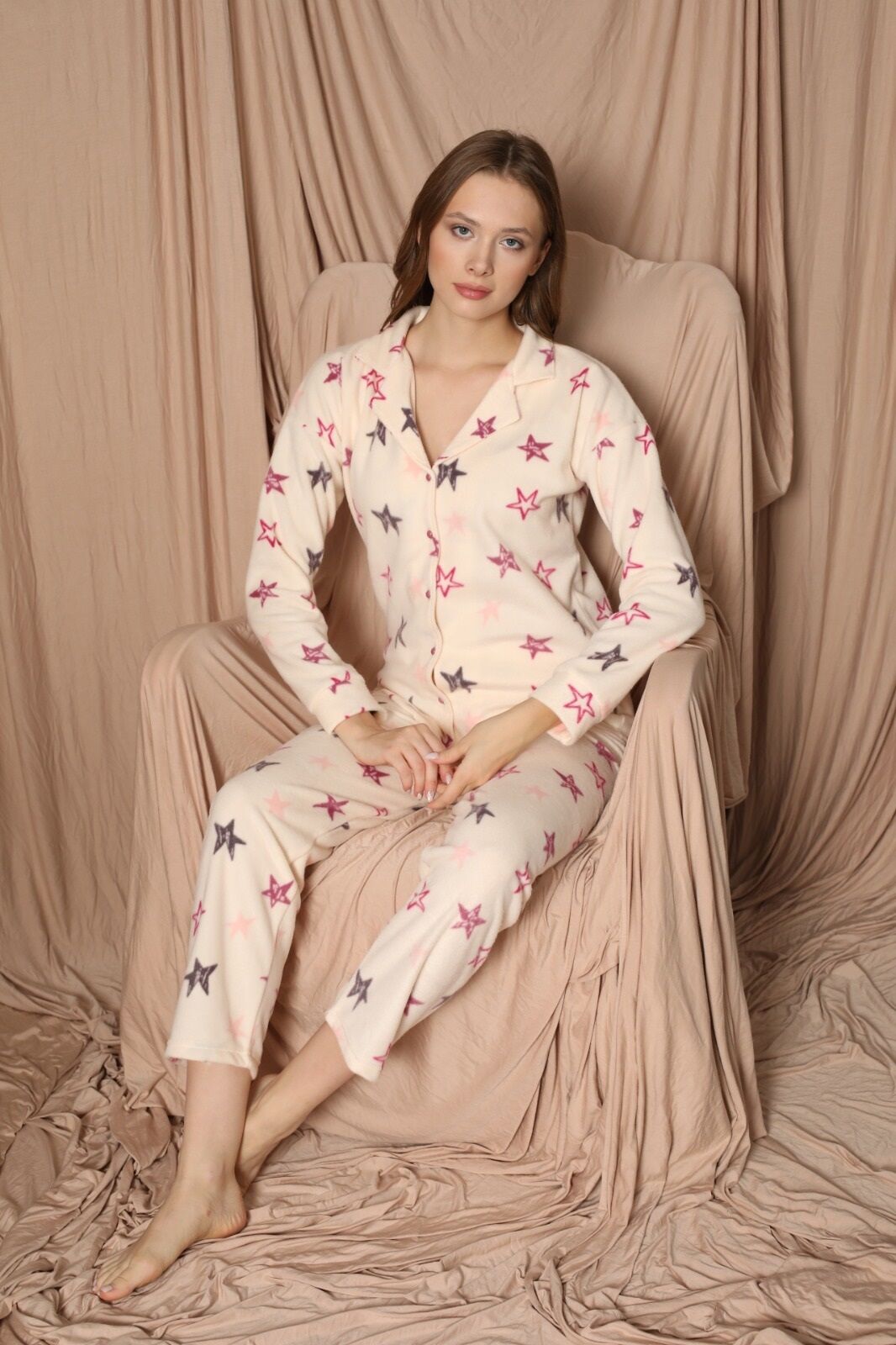 Pijamoni Kadın Önü Komple Düğmeli İnci Welsoft Pijama Takım