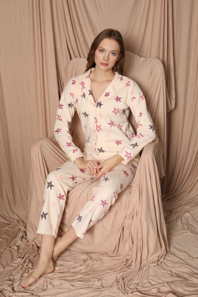 Pijamoni Kadın Önü Komple Düğmeli İnci Welsoft Pijama Takım