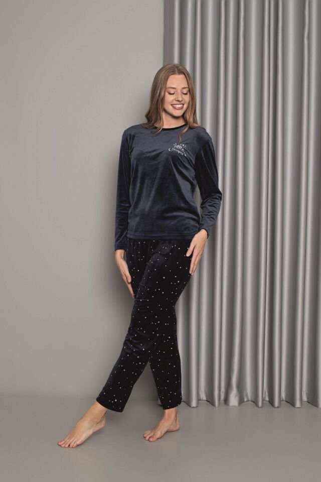 Senfoni Kadın Sıfır Yaka Lacivert Altı Yıldızlı Kadife Pijama Takım