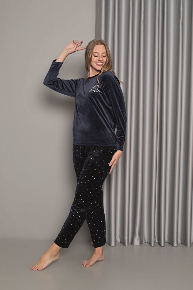 Senfoni Kadın Sıfır Yaka Lacivert Altı Yıldızlı Kadife Pijama Takım