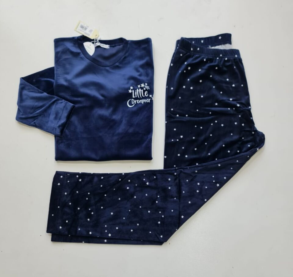 Senfoni Kadın Sıfır Yaka Lacivert Altı Yıldızlı Kadife Pijama Takım
