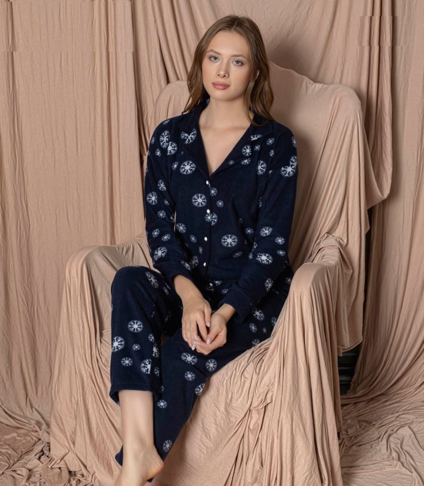 Pijamoni Kadın Önü Komple Düğmeli İnci Welsoft Pijama Takım