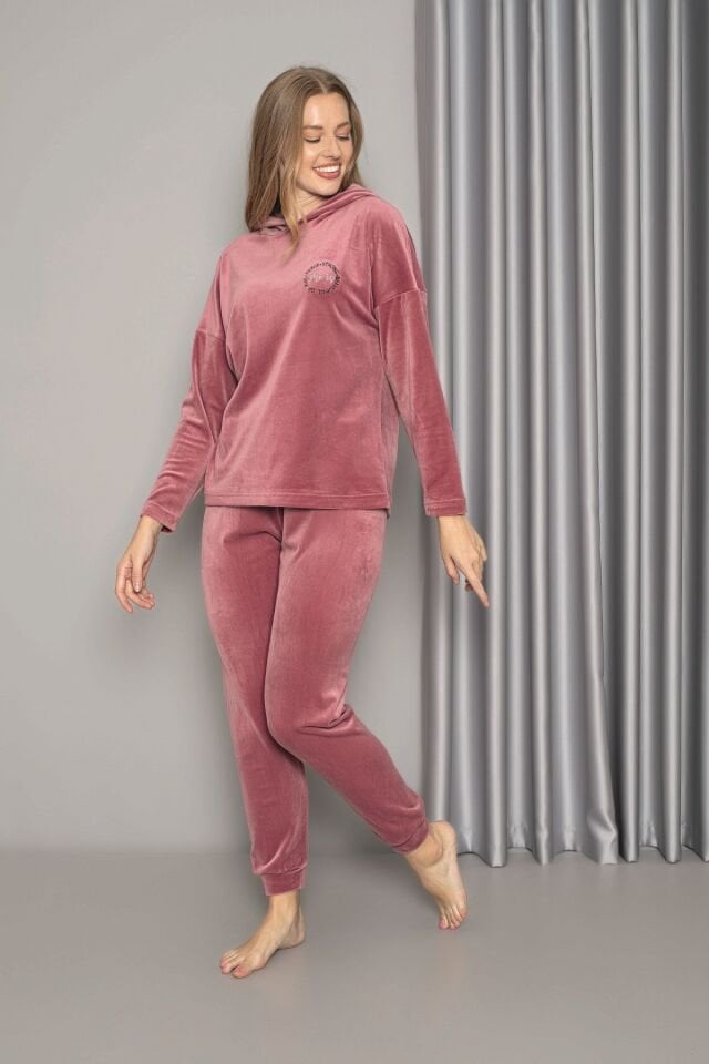 Senfoni Kadın Kapişonlu Gül Kurusu Manşetli Kadife Pijama Takım