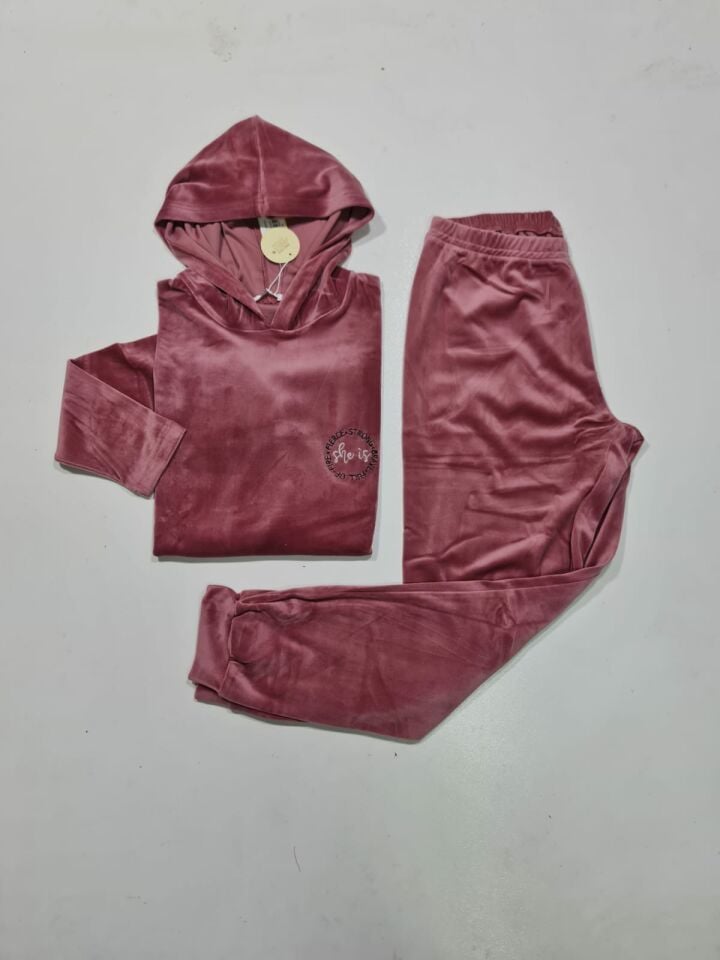 Senfoni Kadın Kapişonlu Gül Kurusu Manşetli Kadife Pijama Takım