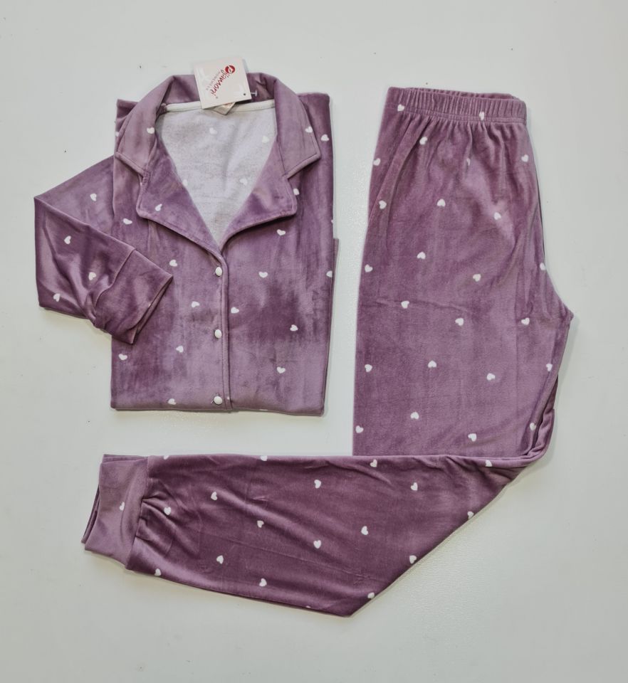 Pijamoni Kadın Önü Komple Düğmeli Kadife Pijama Takım