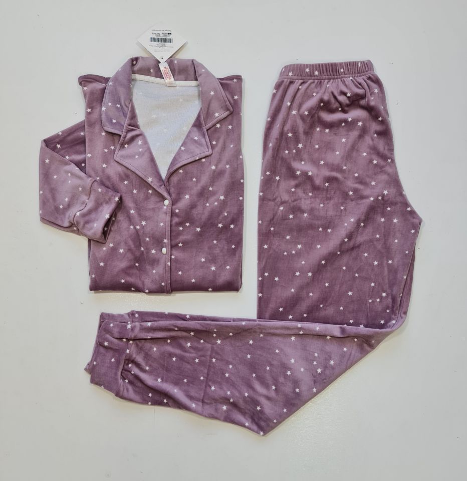 Pijamoni Kadın Önü Komple Düğmeli Kadife Pijama Takım