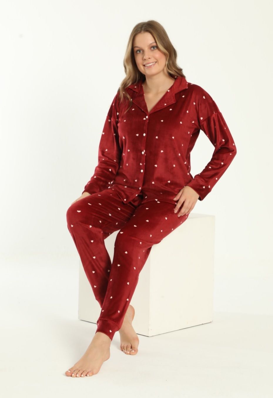 Pijamoni Kadın Önü Komple Düğmeli Kadife Pijama Takım
