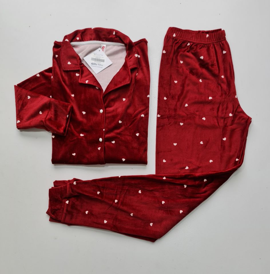 Pijamoni Kadın Önü Komple Düğmeli Kadife Pijama Takım