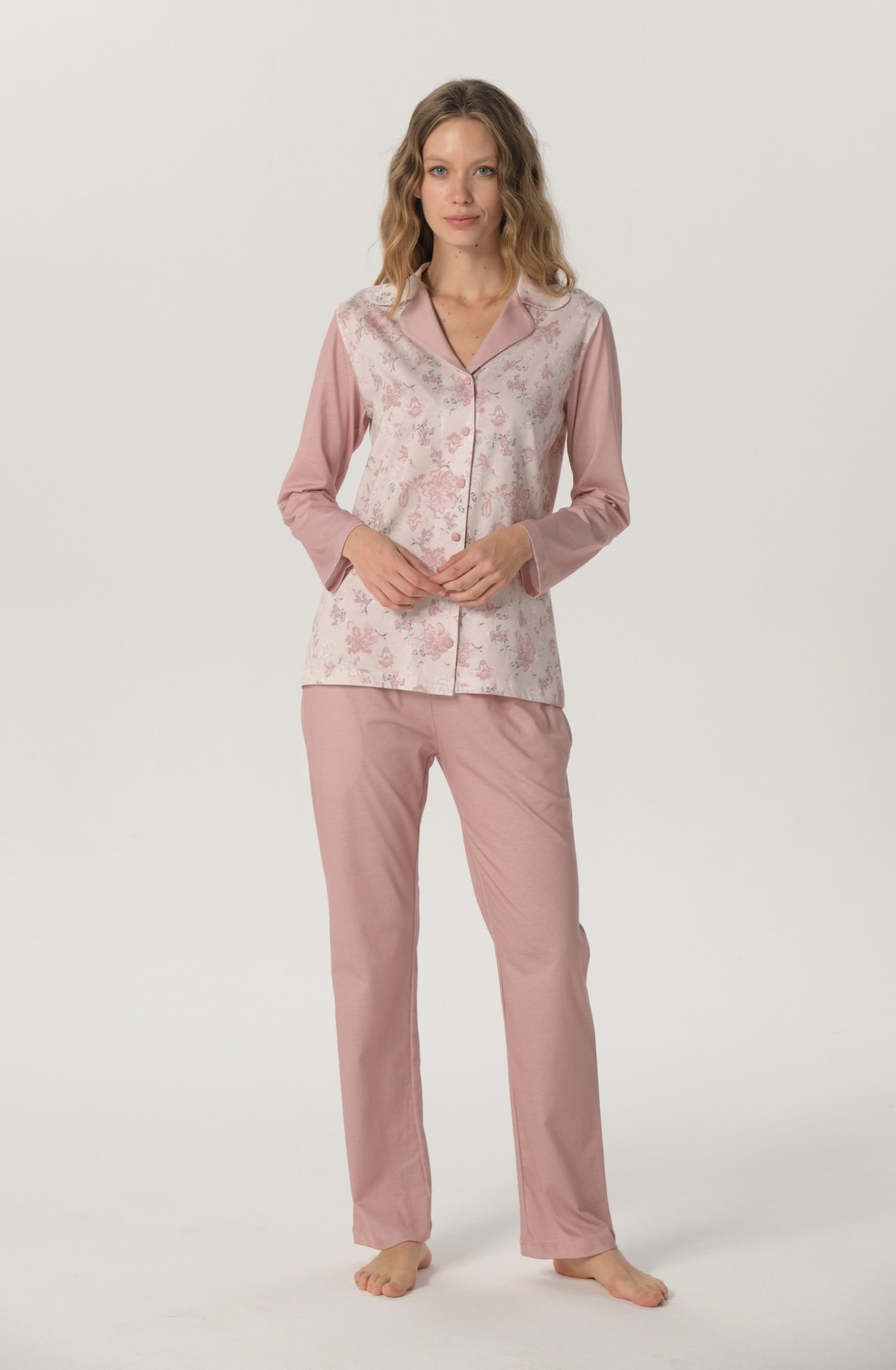 Pijadore Pudra Uzun Kol Yazlık Kadın Pijama Takım