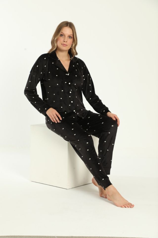 Pijamoni Kadın Önü Komple Düğmeli Kadife Pijama Takım