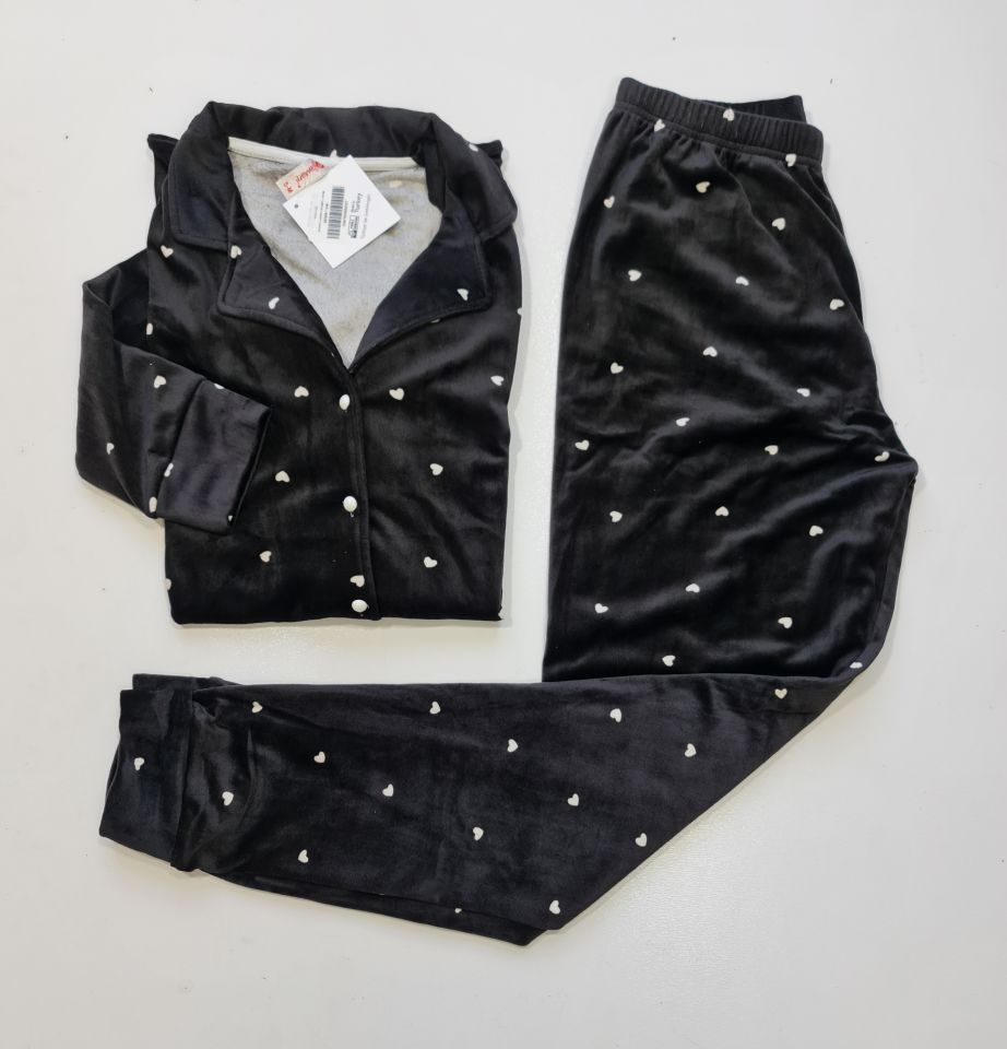 Pijamoni Kadın Önü Komple Düğmeli Kadife Pijama Takım