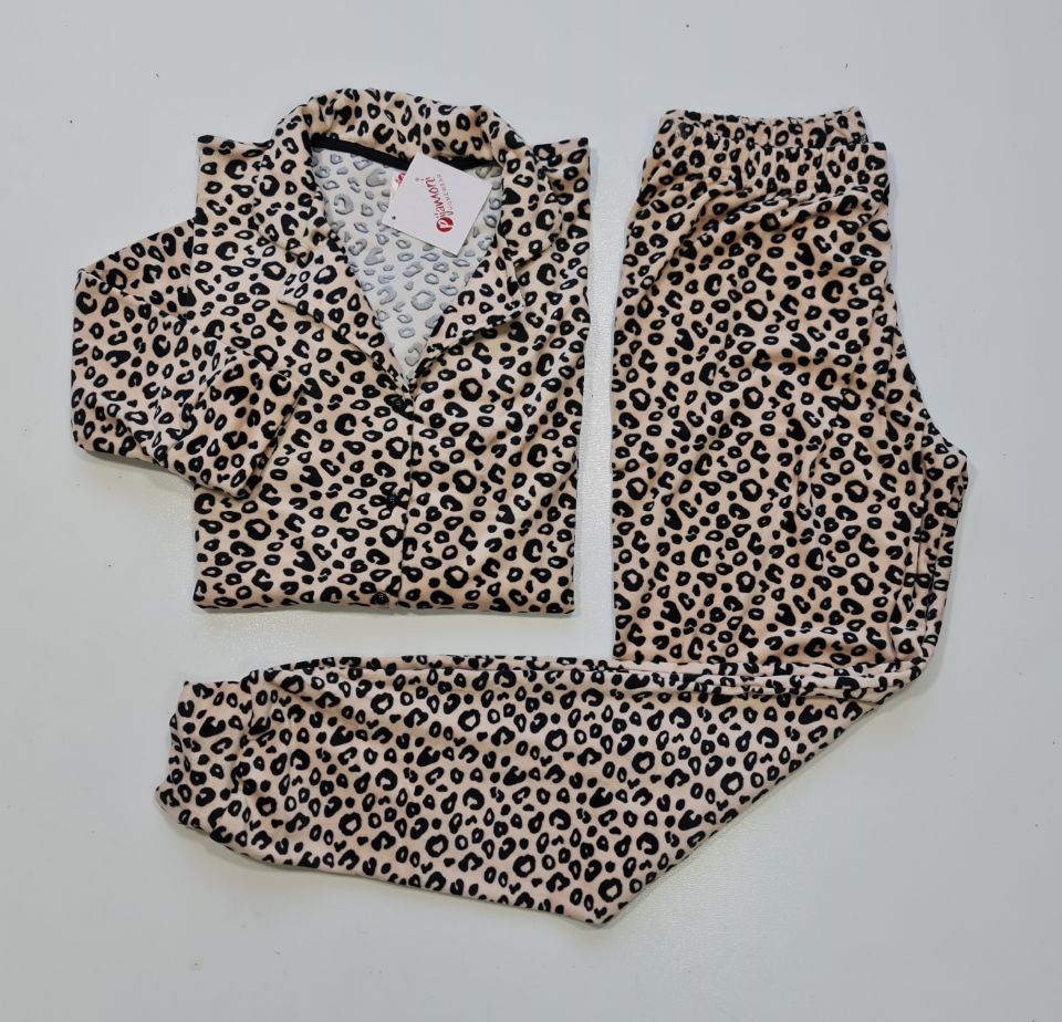 Pijamoni Kadın Önü Komple Düğmeli Kadife Pijama Takım