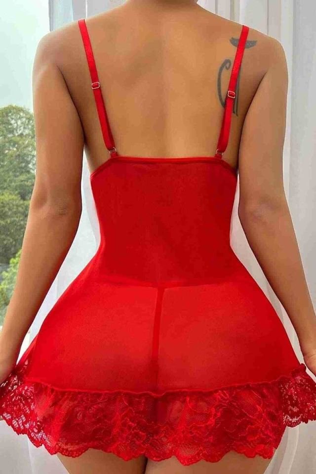 Kadın Sırt ve Göğüs Dekolteli Dantelli Şık Kırmızı Mini Gecelik