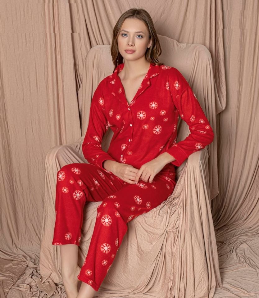 Pijamoni Kadın Önü Komple Düğmeli İnci Welsoft Pijama Takım