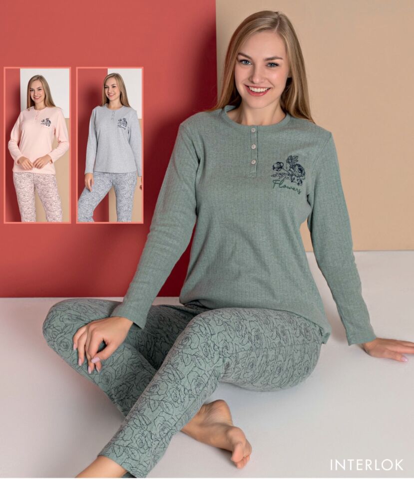 Senfoni Uzun Kol Kadın Gri İnterlok Pijama Takım
