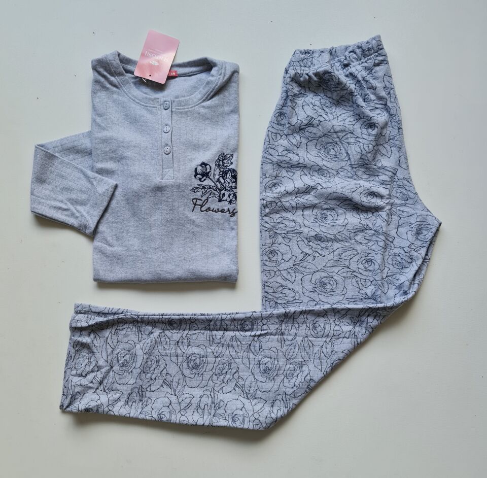Senfoni Uzun Kol Kadın Gri İnterlok Pijama Takım