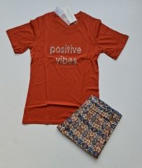 Pijadore Kiremit Kısa Kol Yazlık Kadın Pijama Takım
