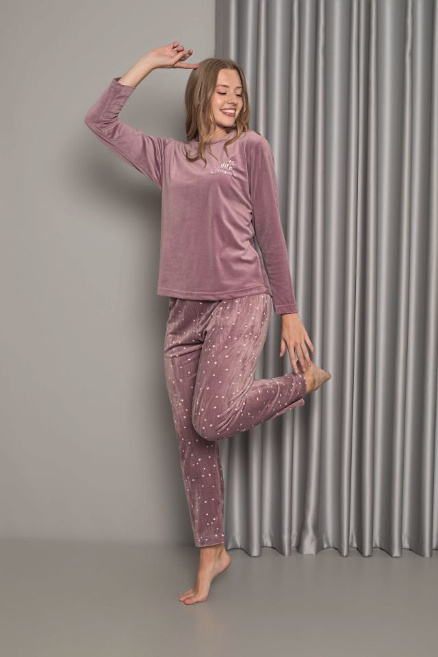 Senfoni Kadın Sıfır Yaka Lila Altı Yıldızlı Kadife Pijama Takım