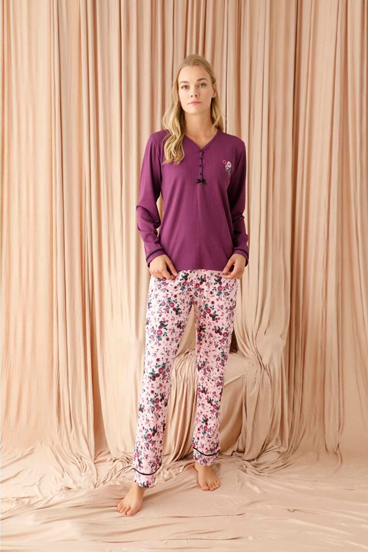 Pijamoni Uzun Kol Yazlık Kadın Pijama Takım