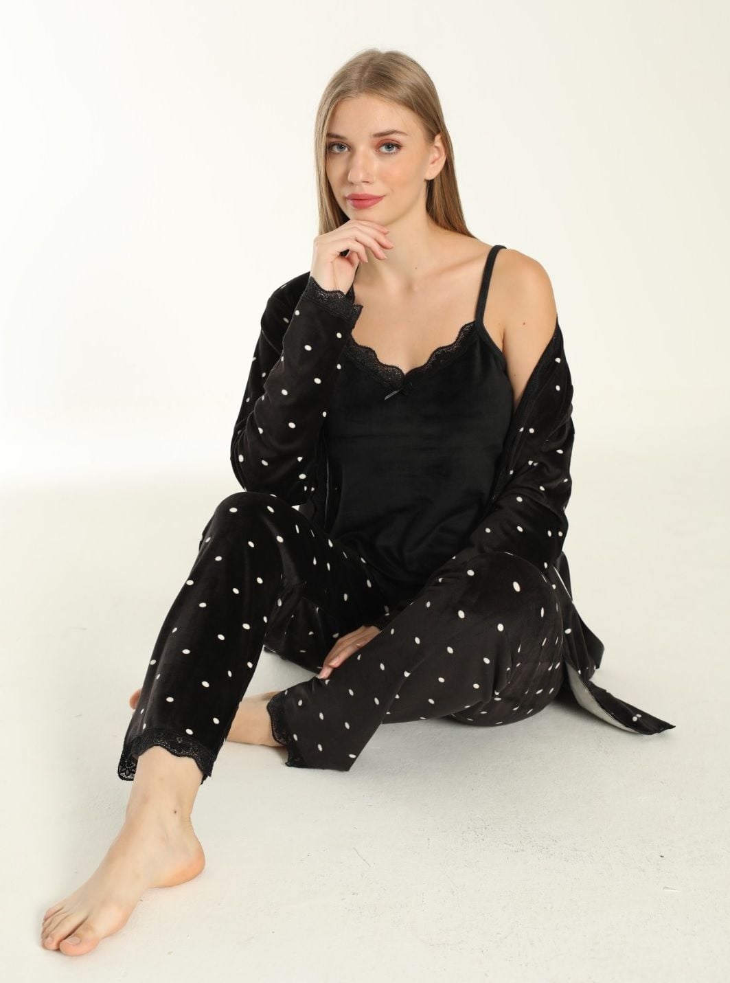 Pijamoni Kadın Kadife Üçlü Pijama Takım