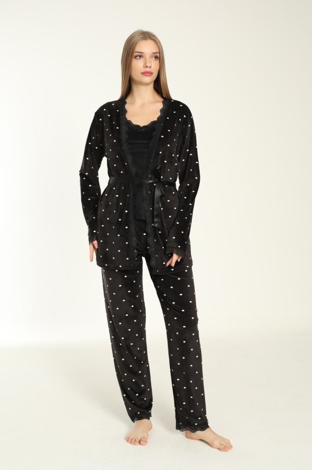 Pijamoni Kadın Kadife Üçlü Pijama Takım