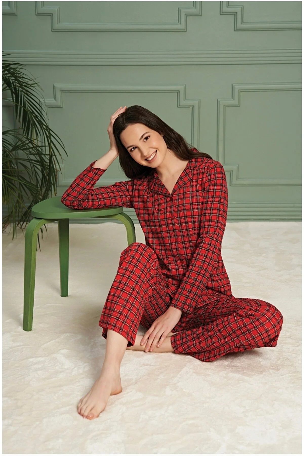 Over Sleep Uzun Kol Yazlık Önü Düğmeli Kadın Pijama Takım