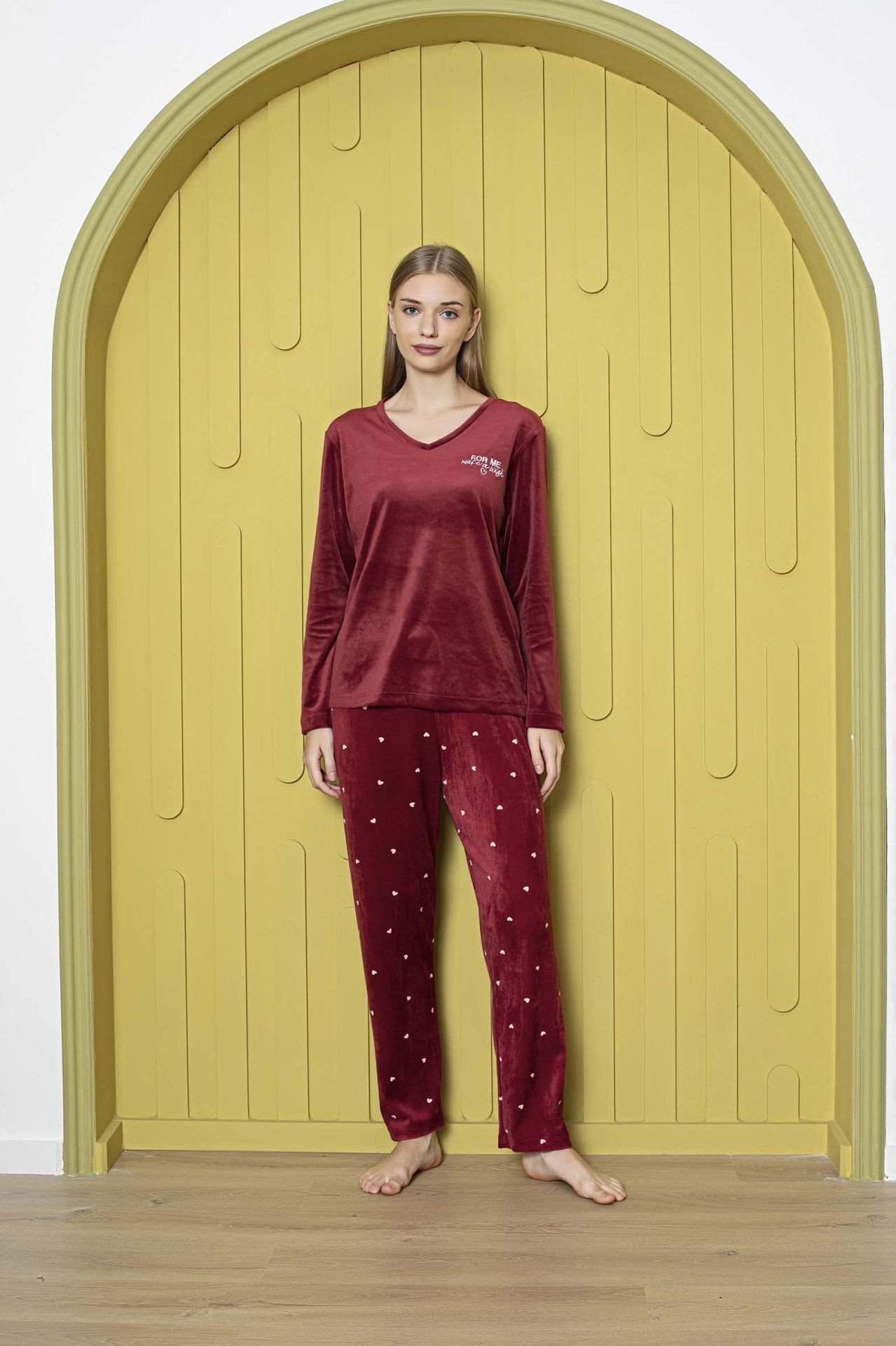 Senfoni Kadın Bordo V Yaka Kadife Pijama Takım