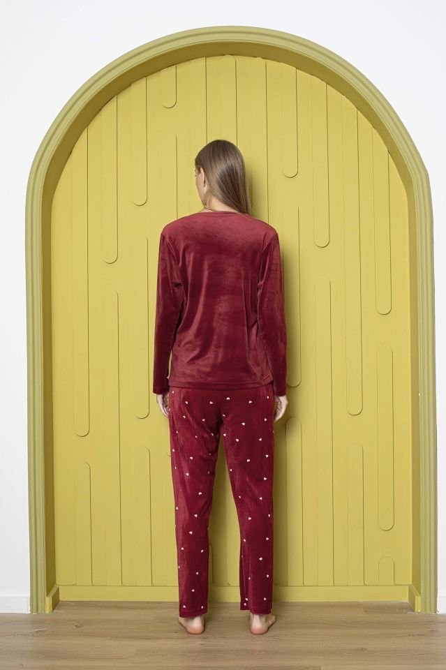 Senfoni Kadın Bordo V Yaka Kadife Pijama Takım
